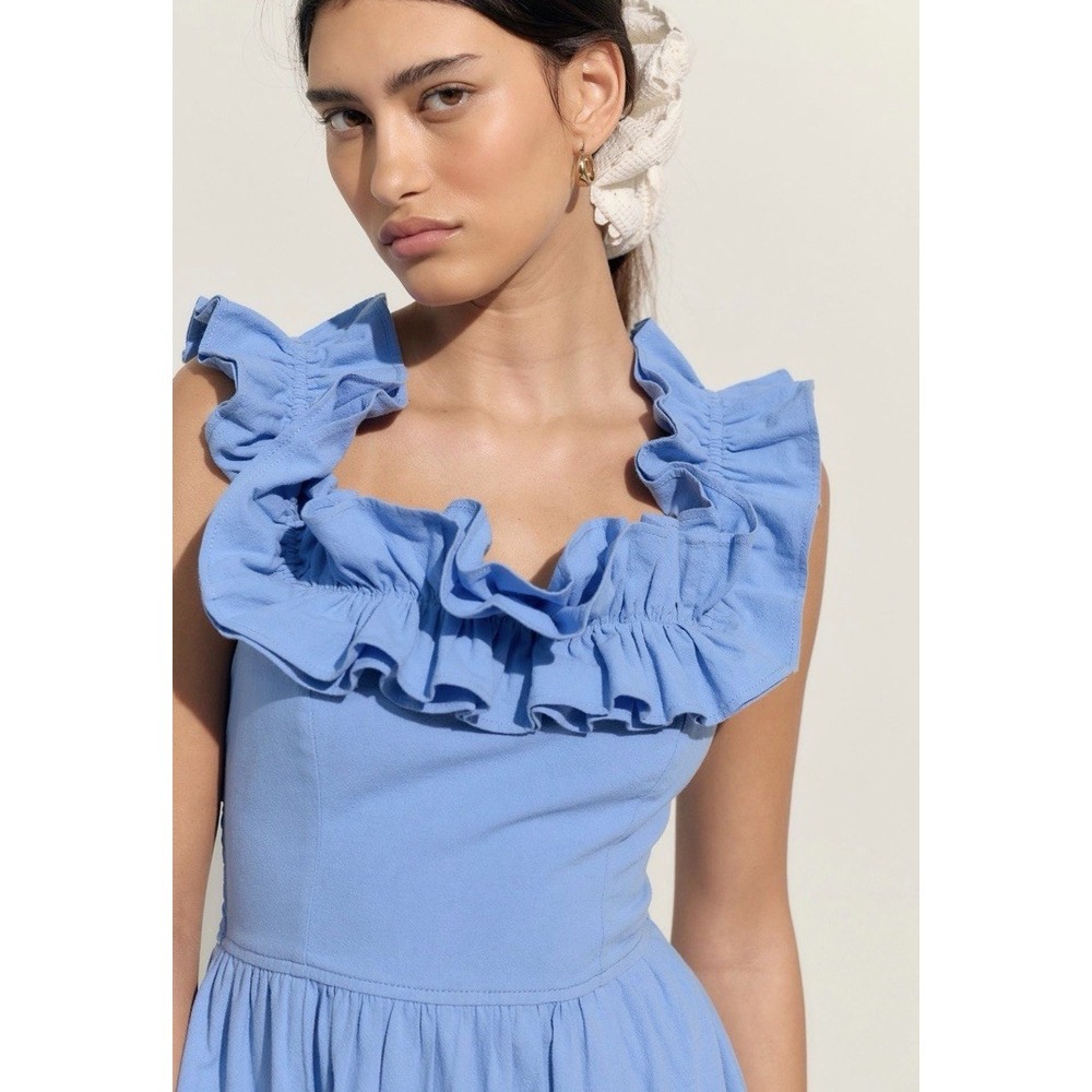 Free People Ruffle It Up Midi Dress Tie Back 100% Cotton Boho Size M Blue - Picture 3 of 10